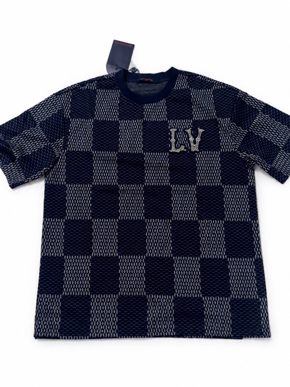 Louis Vuitton Navy and White Checker Knit Tee with LV Crest